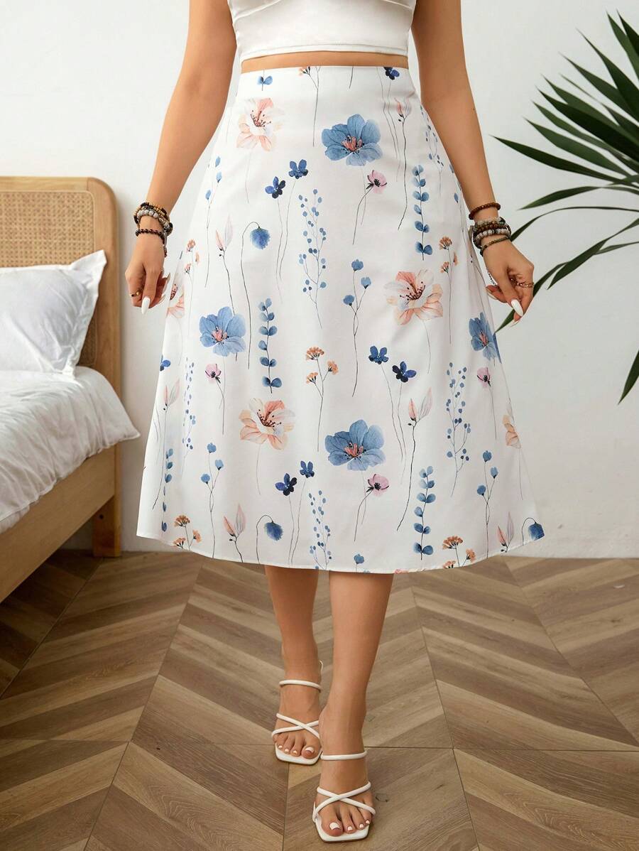 SHEIN LUNE 大码女式花卉印花高腰优雅半身裙情人节 - 白色 - 查看 1