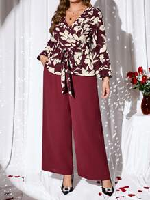 EMERY ROSE Plus Size Valentine's Day Summer Set Elegant Floral Print Shirt And Solid Color Pants 2Pcs Set,Bow,Spring/Summer - Burgundy - View 2