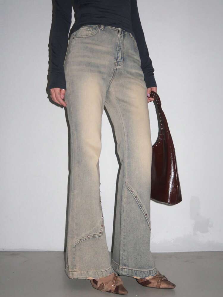Women's Vintage Wash Distressed Flared Jeans, All Season
