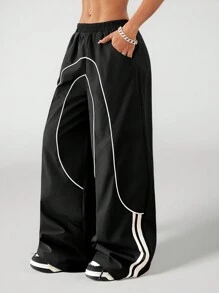 SHEIN PETITE Mädchen Schule-Freizeit Gewobenes Band Schwarz Weite Bein Jogginghose