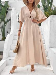 Breezaya 女士纯色 V 领蝙蝠袖镂空腰休闲度假连衣裙 - 杏色 - 查看 7