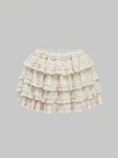 ROMWE Kawaii Cream Textured Fabric Sweet Cake Tiered Waist Mini Skirt, Suitable For Multiple Occasions, Summer Outfits For Women