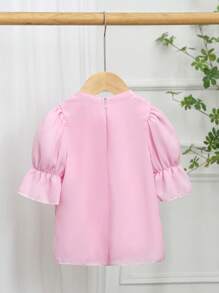 SHEIN Kleine Mädchen Rosa Kragen Knopfleiste Geraffter Laternärmel Bluse, kann mit Rock oder Top kombiniert werden, Sommer, geeignet für Ausflüge, Zuhause, Partys (Geschwister-Matching, 2 Teile separat erhältlich) - Pink - Übersicht 2