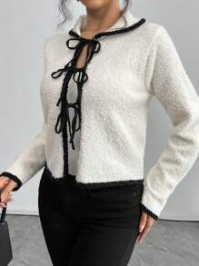 SHEIN Privé Women's New Apricot Crash Black Trim, Front Tie Lapel Long Sleeve Sweater Cardigan, Loop Yarn Sweater Cardigan, Apricot Sweater Cardigan