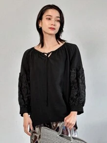 FRIFUL Blus Wanita Lengan Panjang Polos dengan Ikatan di Depan, Sederhana, Cocok untuk Pakaian Kasual Sehari-hari - Hitam - View 4