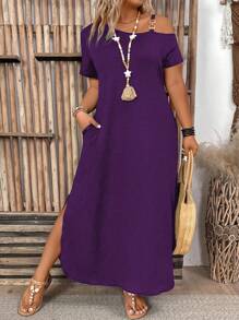 Vestido diario sólido y simple para mujer de talla grande, apropiado como atuendo para mujeres de talla grande en el Día de Acción de Gracias - Morado - Ver 3