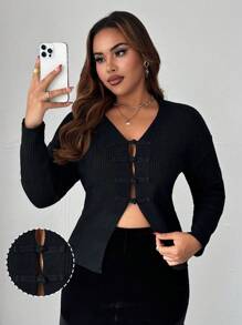 Celure Plus Size Women Solid Color V-Neck Tie Long Sleeve Casual Knitted Cardigan