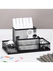 1 Pack Desk Organizer Desktop Mesh Pen Pencil Holder Caddy With 4 Compartments, Office Home School Classroom Accessories Cool Supplies Black Back To School