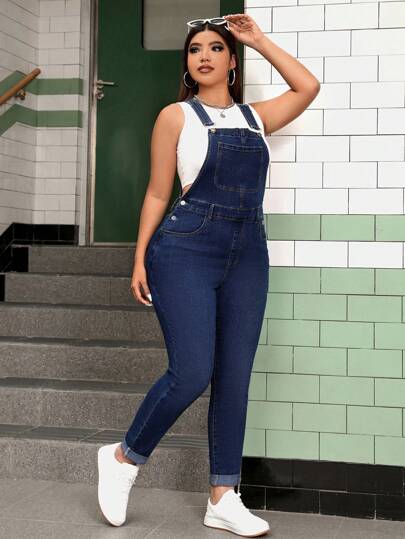 SHEIN ICON Plus Size Casual Denim Jumpsuit, Minimalist And Fashionable For Daily Wear