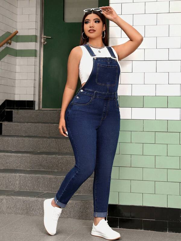 SHEIN ICON Plus Size Casual Denim Jumpsuit, Minimalist And Fashionable For Daily Wear