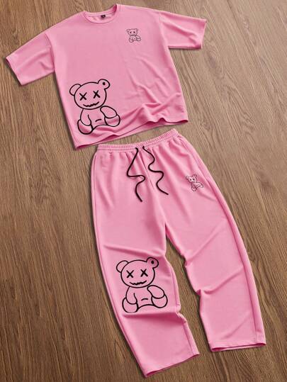 Manfinity VCAY Set de 2 piezas de camiseta de manga larga con estampado de oso y pantalones rectos de cintura elástica, casual y relajado, para hombre