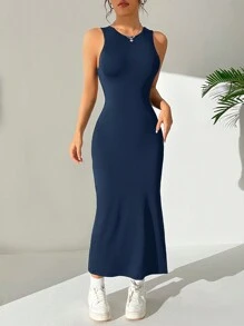 SHEIN EZwear 女士纯色无袖镂空休闲开叉长裙