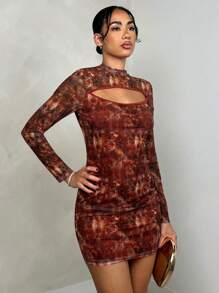 SHEIN PETITE Women's Printed Short Chest Hollowed Out Party Dress Fall Cloth For Women - Multicolor - View 5