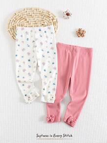 Cozy Pixies Baby Girl Ditsy Floral Pattern Knit Soft Elastic Waist Leggings 2Pcs Set Print - Pink - View 5