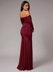 Silquee 女士优雅派对长袖性感高领露背露肩连衣裙，开衩设计，红色，弹力针织面料，适合鸡尾酒会、浪漫约会、秋冬打底连衣裙、正式聚会、婚礼、伴娘、联欢会、万圣节、圣诞节 - 酒紅色 - 查看 2