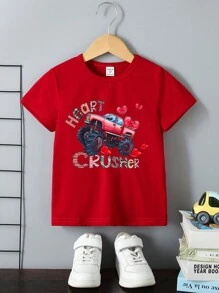 Toddler Boys' Casual Creative Small Red Heart Car Plaid Letter Print Short Sleeve Basic Round Neck T-Shirt