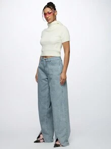 SUMWON WOMEN Vertical Striped Split Hem Jeans Retro Y2K Wide Leg Denim Pants Casual Street Style Spring Summer Fashion Statement Bottom - Baby Blue - View 4