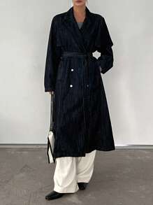 DAZY 女款长款牛仔风衣夹克 - 深色水洗藍 - 查看 2