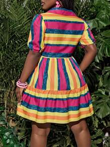 Slaydiva Vestido holgado con mangas abullonadas, estampado floral, apertura frontal y volantes, para verano 2025 - Multicolor - Ver 2