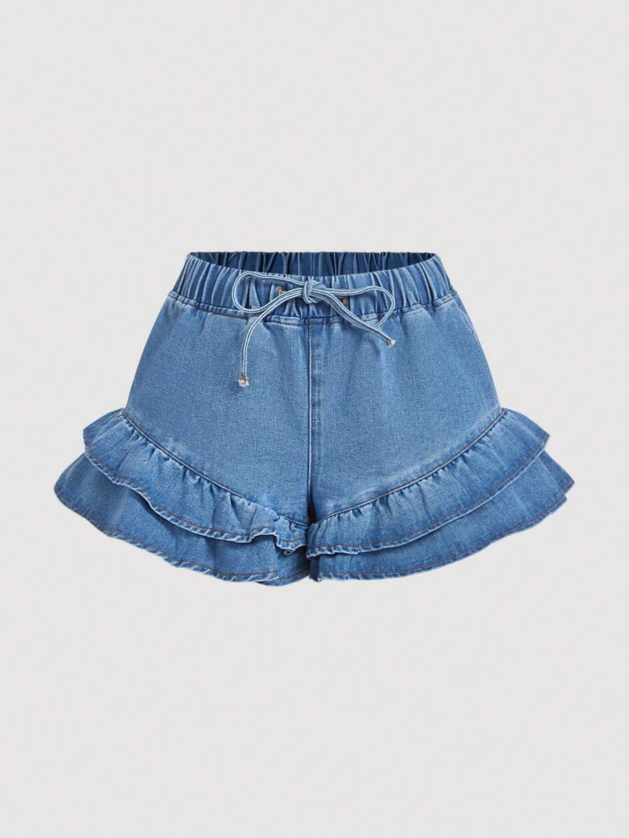 SHEIN MOD Women's Drawstring Waist Ruffled Hem Casual Denim Shorts ...