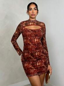 SHEIN PETITE Women's Printed Short Chest Hollowed Out Party Dress Fall Cloth For Women - Multicolor - View 4