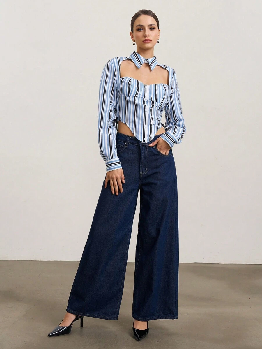 SHEIN Unity 女士秋季时尚条纹镂空不对称下摆衬衫