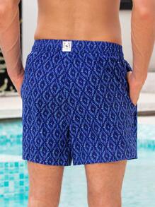 Zalmeno 男士几何印花抽绳腰沙滩短裤 - 藏蓝色 - 查看 2