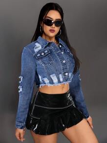 SHEIN ICON Chaqueta corta de jean, casual y de moda para el uso diario - Azul lavado oscuro - Ver 3