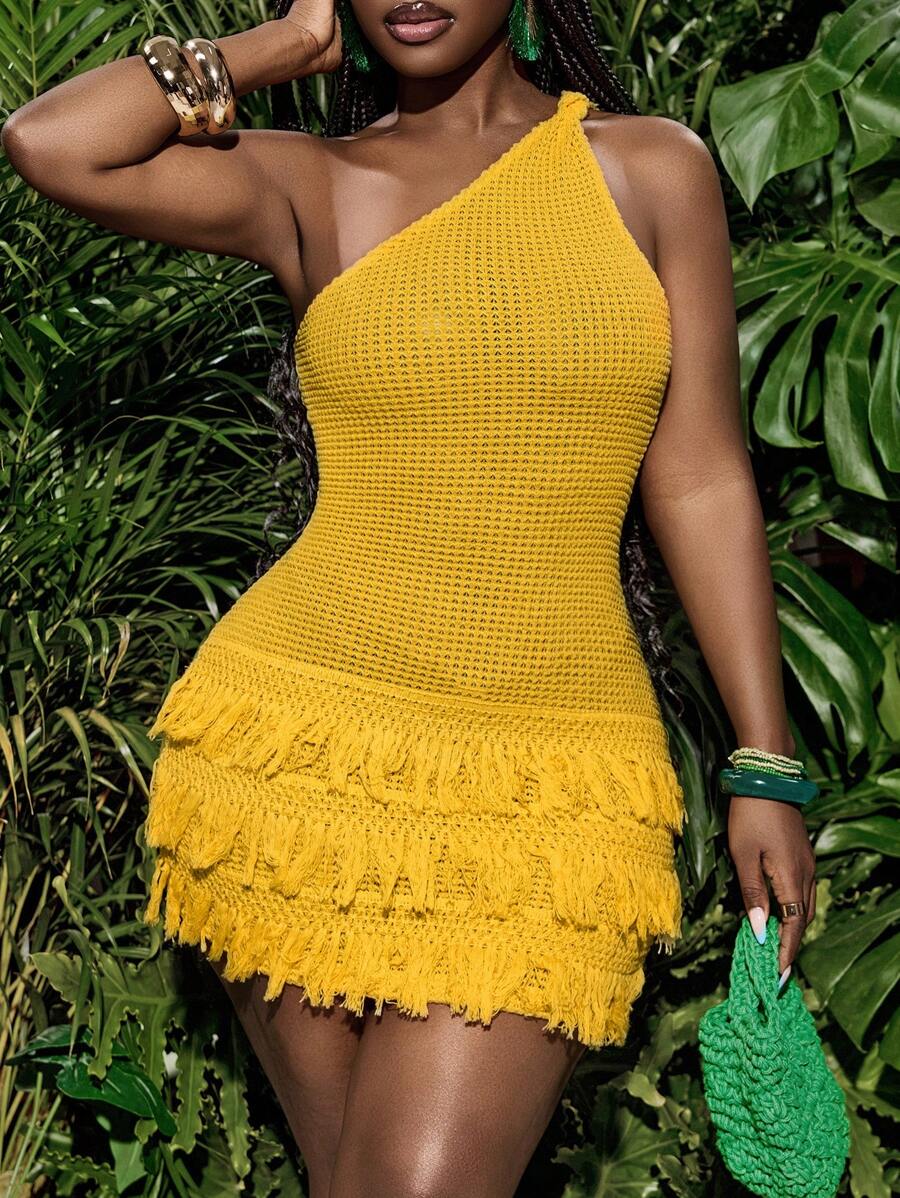 Slaydiva Summer New Music Festival Western Style Boho Easter Nashville Birthday Party Graduation Student Daily Casual Vacation Cruise Beach Sunshine Fashion One Shoulder Twist Textured Fabric Tassel Hem Yellow Mini Dress For Women - Yellow - View 1