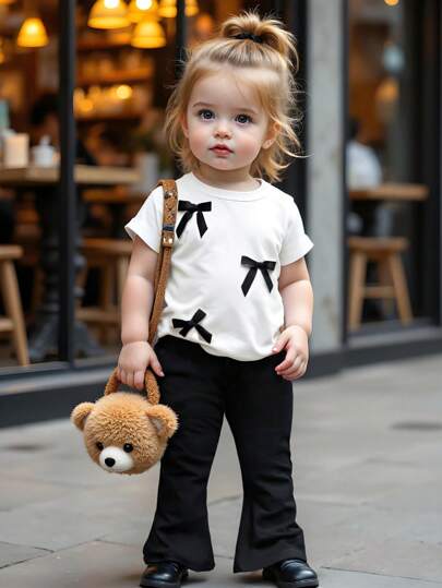 SHEIN Elladie kids 女婴 2 件套可爱蝴蝶结装饰针织上衣和喇叭裤，时尚休闲夏季服装