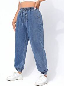 SHEIN EZwear Quần Jeans Ống côn Cỡ Lớn Thường Ngày Có Dây Rút Cạp Giặt Thông Thường - Rửa trung bình - Xem 3