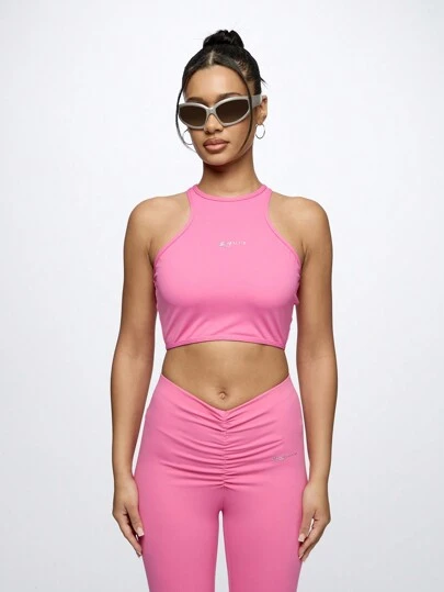 SUMWON WOMEN Performance Athletic Crop Top Sports Bra Racerback Workout Tank High Neck Compression Fitness Training Yoga Running Active Wear Moisture Wicking Quick Dry Gym Wear