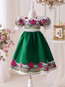 SHEIN DRMZ Young Girl Loose Vacation Style Floral Printed Dress With Puffy Sleeves And Round Neck, Matching Family Vacation ,National Floral Vintage Rose Print Midi Dresses. - Multicolor - View 2