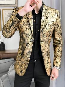 Manfinity Mode 男士简约翻领长袖口袋衬衫长裤两件套西装套装，巴洛克风格烫金压花男士西装外套，适合老公出席婚礼、晚宴、舞会 - 金色 - 查看 1