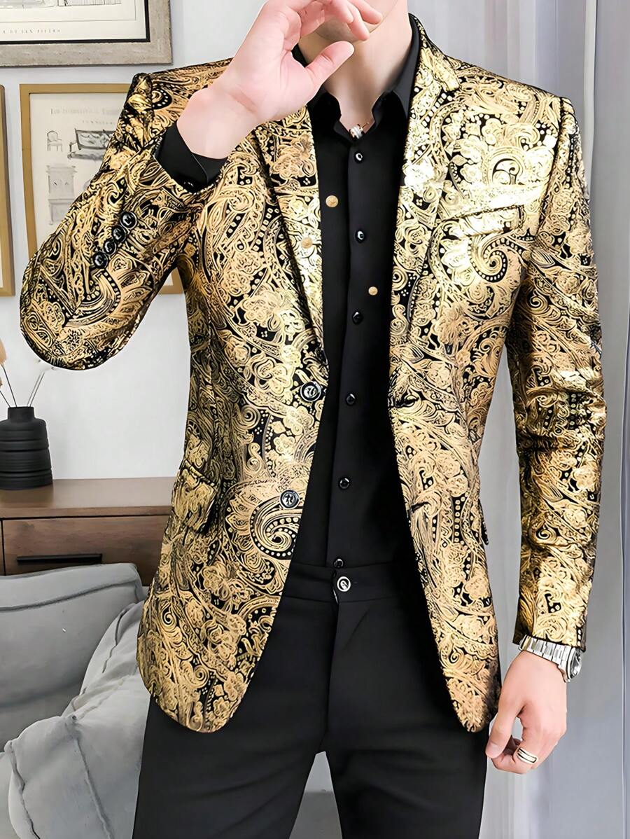 Manfinity Mode 男士简约翻领长袖口袋衬衫长裤两件套西装套装，巴洛克风格烫金压花男士西装外套，适合老公出席婚礼、晚宴、舞会 - 金色 - 查看 1