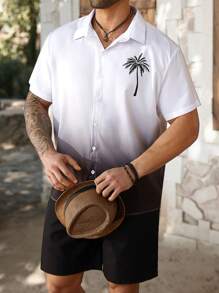 ResortEase Set da 2 pezzi di camicia a maniche corte con bottoni davanti e pantaloncini asimmetrici con stampa digitale, casual per uomo