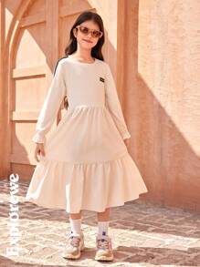 SHEIN Casual Striped Splicing Dress With Front Badge, Suitable For Valentine's Day Theme And Daily Outings. - Khaki - View 3