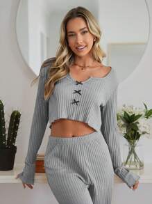 RueChic 2pcs Cotton Contrast Colour Ribbon Detail Homewear Set - Light Grey - View 7