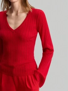 Ontre 女式红色 90 年代风格休闲罗纹针织 V 领毛衣，2025 年新品系列 - 紅色 - 查看 4