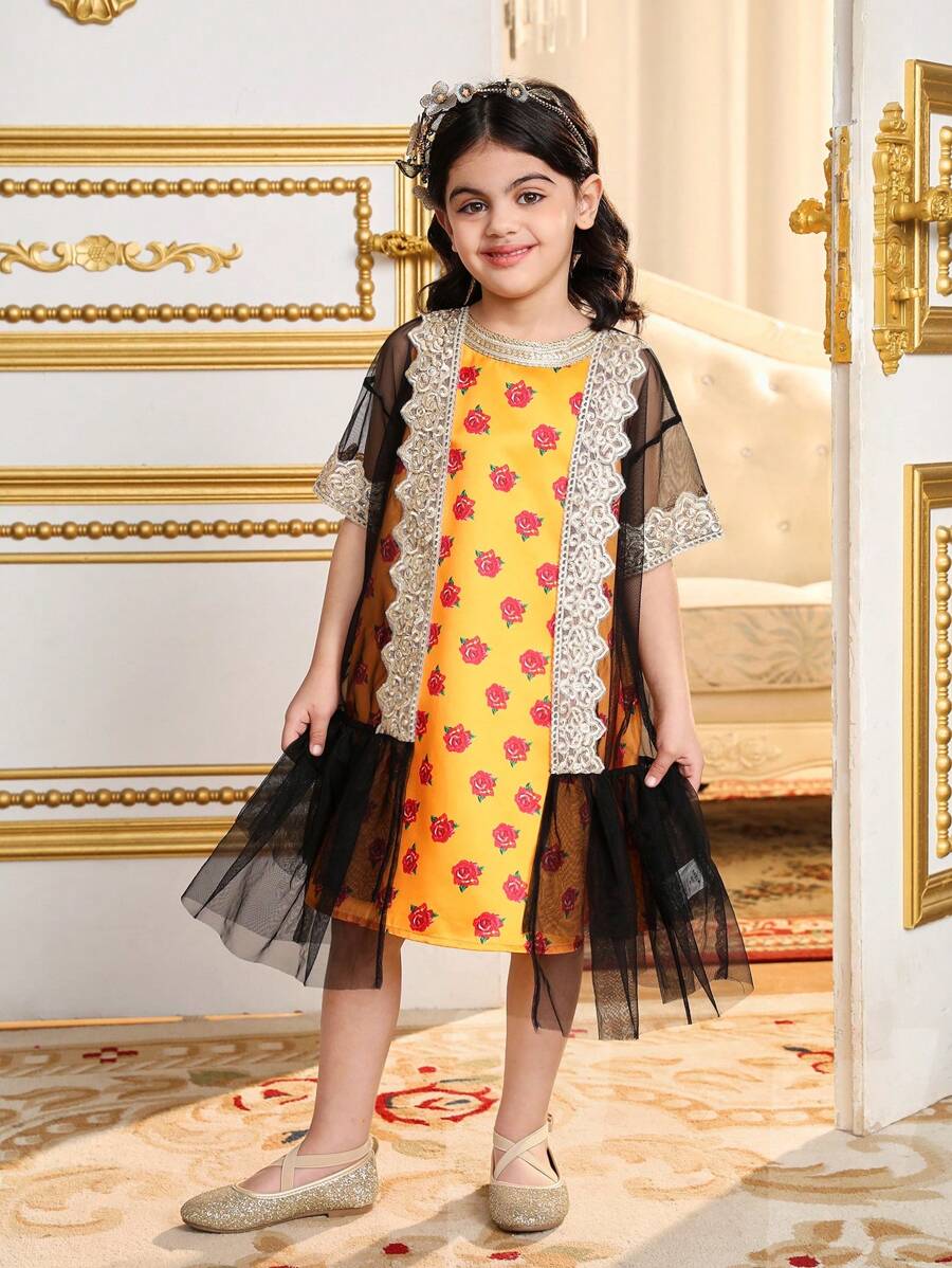 SHEIN Leap Crew Conjunto de 2 piezas para niña: Abrigo de gasa sólido y vestido sin mangas de tejido con estampado floral menudo - Amarillo - Ver 1