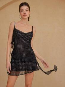 GENKIRA Kurzes Kleid mit Rüschensaum und Polka Punkten, romantischer französischer Stil, Crop-Länge, taillenformend, Chiffon, für Damen - Schwarz - Übersicht 2