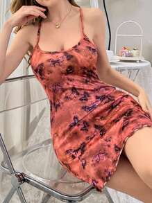 SHEIN 女士蝴蝶印花细肩带睡袍 - 紅木色 - 查看 6