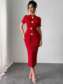 Rafferiza 浪漫情人节新款时尚高端修身蝴蝶结金属装饰纽扣缀饰女式连衣裙 - 紅色 - 查看 7