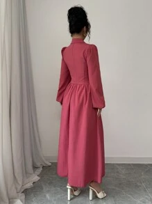 Modelyn Vestido casual de manga larga con botones delanteros de un solo color y pliegues sencillos para mujer - Rosa coral - Ver 2