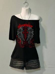 Attitoon 休闲简约翼与配英文文字落肩女式T恤，适合夏季