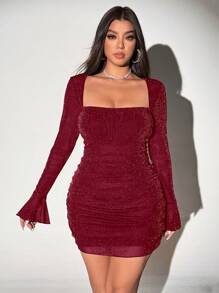 Viva Relle Plus Size Women Ruffled Flare Sleeve Sparkly Bodycon Mini Dress - Red - View 4