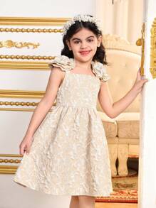 SHEIN Young Girl's Spring/Summer Matching Family Vacation , Holidays Woven Plain Elegant Off-Shoulder Solid Color Sleeveless 3D Rose Floral Decor Loose Casual Vacation Slip Dress,Cute & Elagant & Sweet & Fashionable.Partywear,Gorgeous Princess.