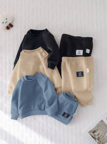 SHEIN 6件套新生儿男女宝宝百搭纯色圆领套头卫衣裤套装，休闲百搭，适合居家和户外穿着，秋冬季 - 彩色 - 查看 3