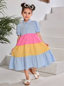SHEIN Woven Plaid Puff Sleeve Contrast Color Loose Casual Dress For Young Girl - Multicolor - View 5