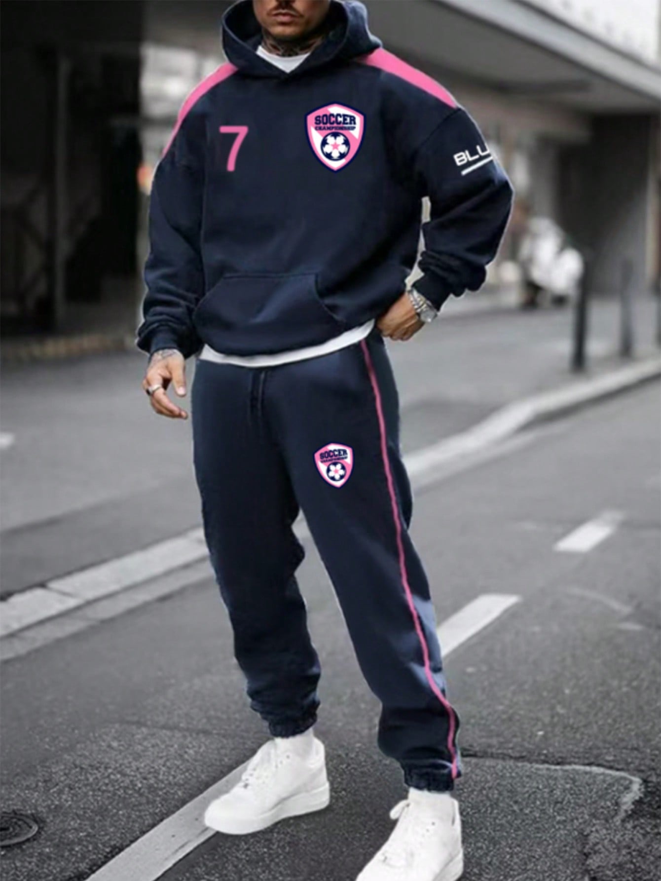 SHEIN Manfinity Dauomo Men's Simple Print Pocket Hoodie Top And Long Pants 2 Pieces Set